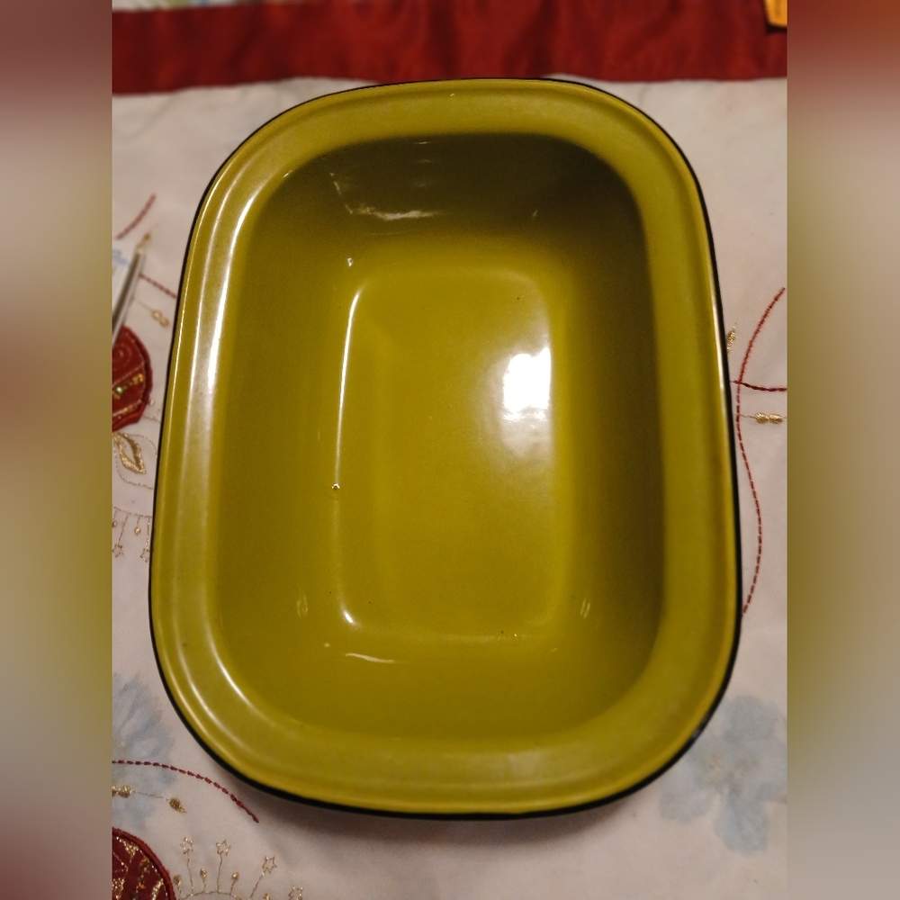 Vintage Enamel Olive Green Baking Dish